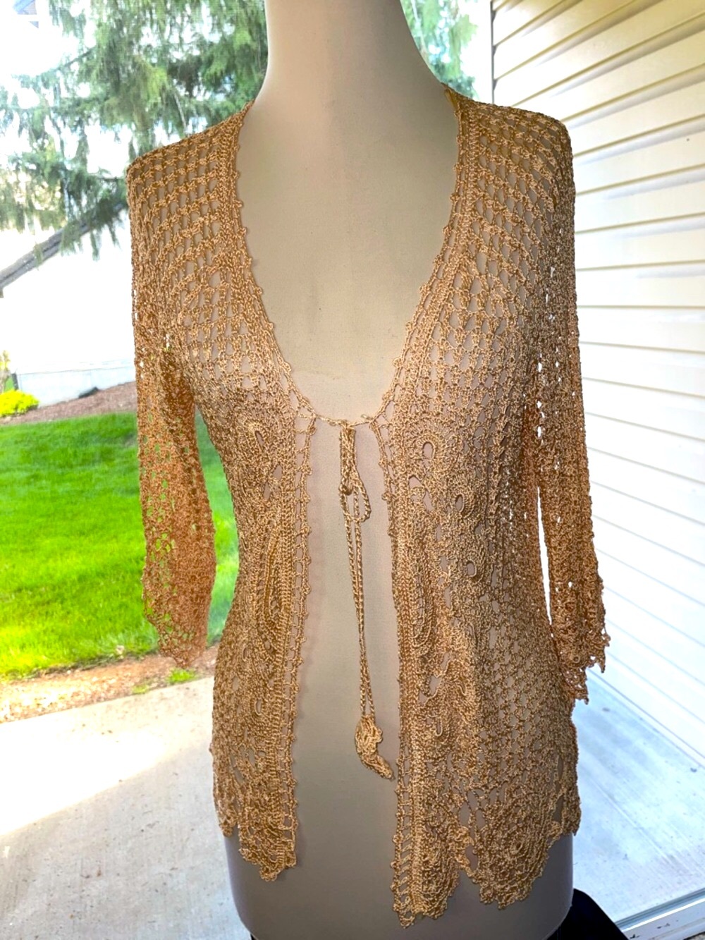 Women’s VTG Light Pink Crochet Openwork Women’s Sweater Wrap Sz L Rayon